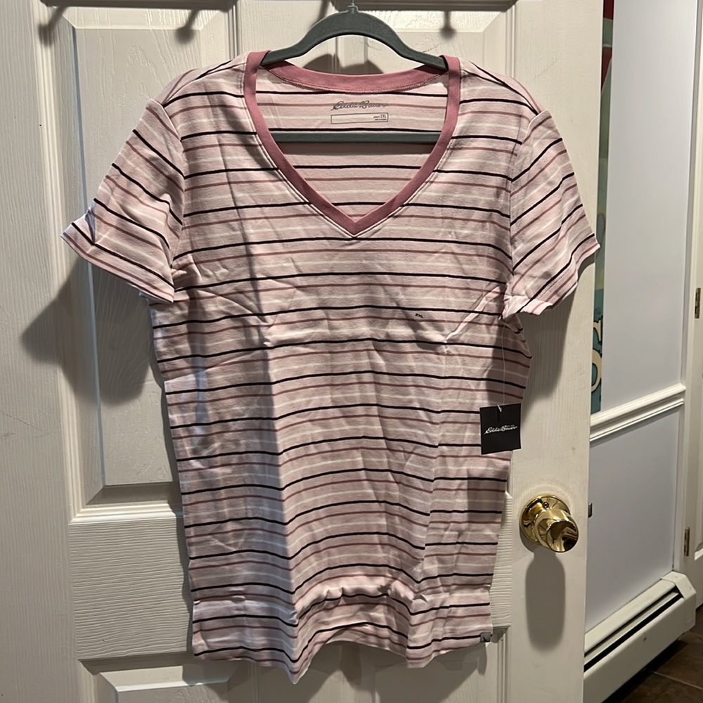Eddie Bauer WR Fav’s SS V Neck Stripe Lt Pink  XXL